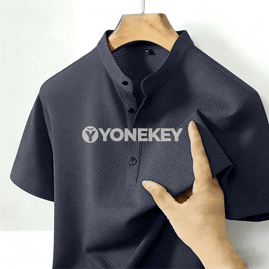 Erkekler üçin stand-collary gysga ýeňli rahat gündelik köýnek