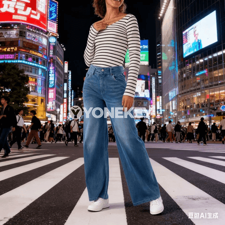 Zenanlar üçin ýokary belli giň paçaly rahat jeans balak