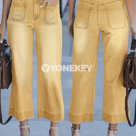 Zenanlar üçin ýokary belli giň balak jeans, rahat we moda