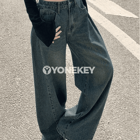 Zenanlar üçin retro giň balakly jeans, ýuwlan görnüşli rahat gündelik model