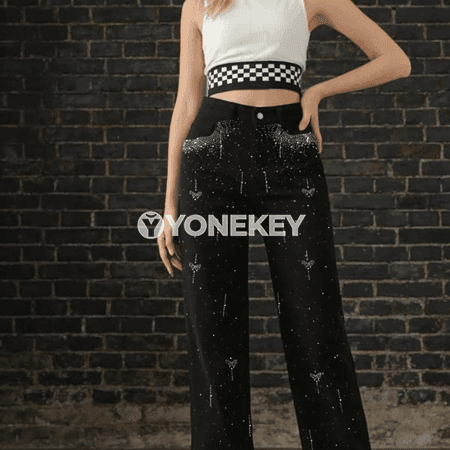 Zenanlar üçin elegant doly uzynlykly bezegli göni jeans jalbarlar