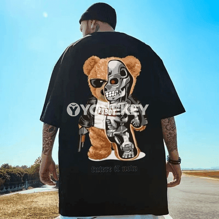 Erkekler üçin vintage aýy şekilli çaply giň futbolka, M-8XL