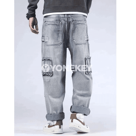 Erkekler üçin açyk gök retro giň kesimli jeans balak