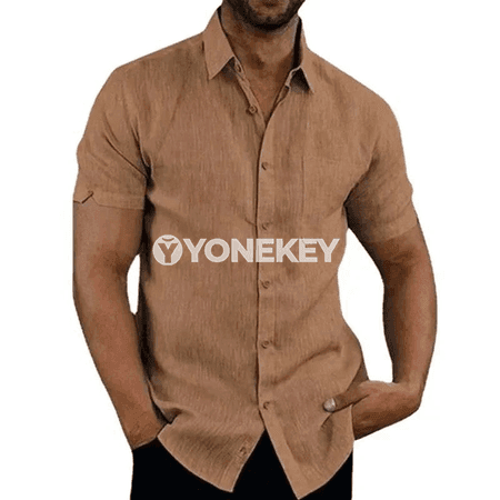Erkekler üçin ýazky keten köýnek, gysga ýeňli gündelik klassik model