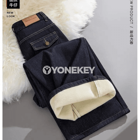 Zenanlar üçin giň balakly ýyly jeans, ýokary bel, gyş möwsümi
