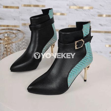 Aýal-gyzlar üçin metal tokaly ýokary ökçeli pointed toe köwüşler