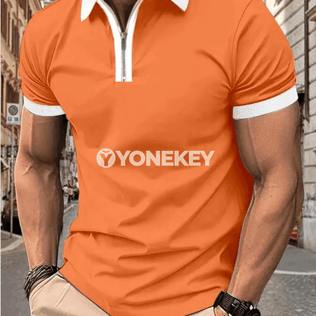 Erkekler üçin ýazky polo köýnek, fermuarly, gysga ýeňli