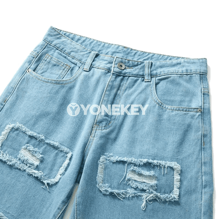 Erkekler üçin açyk gök giň kesimli ýyrtyk denim balak