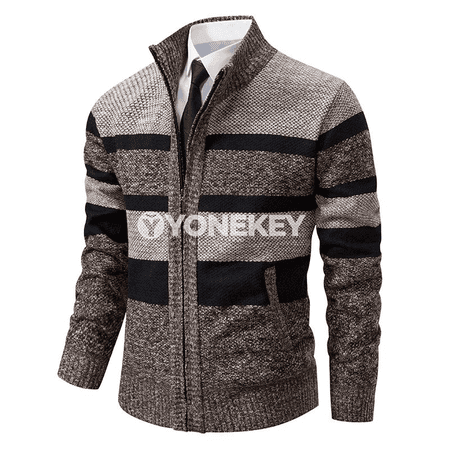 Erkekler üçin gyş cardigan sviter, ýokary boýunly, zipli