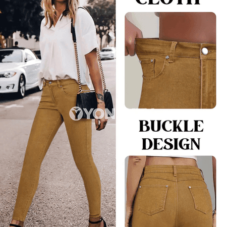 Zenanlar üçin ýokary belli dar jeans, melek reňkde, köp düwmeli