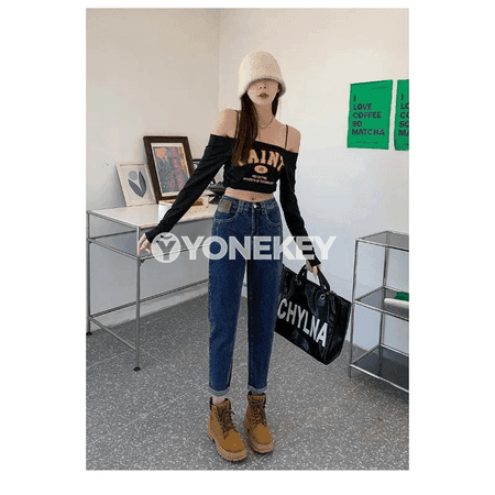 Zenanlar üçin giň kesimli elastik jeans balak, gündelik rahat stil