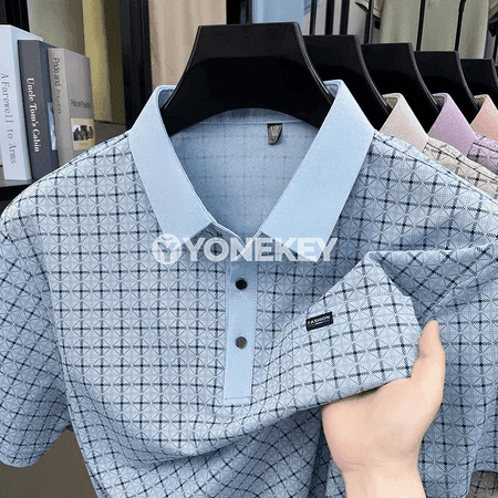 Erkekler üçin gysga ýeňli jacquard polo köýnek, ýeňil we rahat