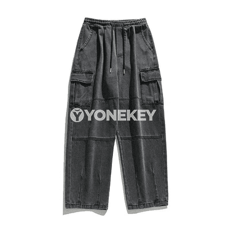 Erkekler üçin giň kesimli, ýeňil gaýtadan işlenen denim jalbar