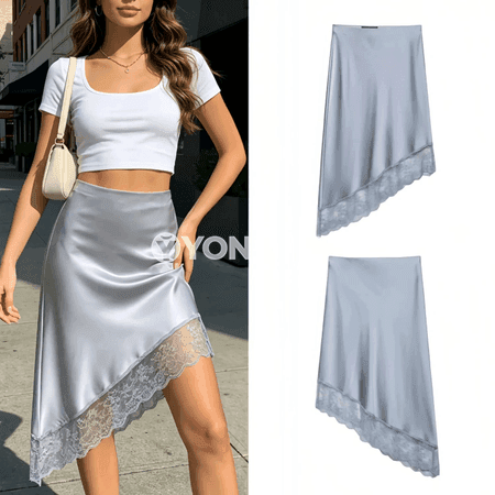 Zenanlar üçin satin midi yubka, asimmetrik ýeňil we owadan