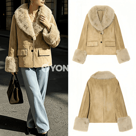 Zenanlar üçin khaki ýyly jaket, ýazly boýunly, düwmeli
