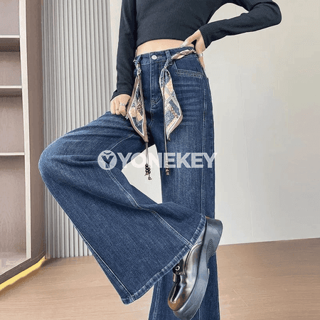 Aýal-gyzlar üçin ýokary belli, giň çykynly moda jeans balak