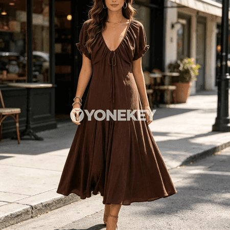 Zenanlar üçin tomusky V boýunly elegant uzyn köýnek