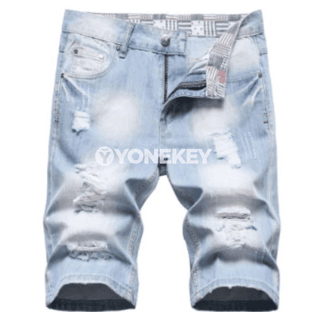 Erkekler üçin ýaz-tomus gök denim şorty, ýokary belli, uzyn ölçegler
