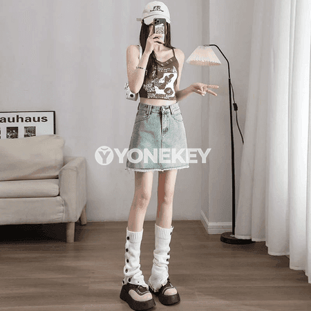 Zenanlar üçin ýeňil denim yubka, ýokary bel, gysgajyk
