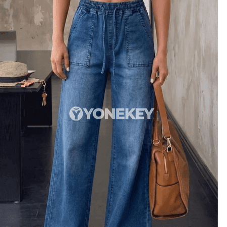 Zenanlar üçin giň kesimli ýokary belli denim jyns jalbar