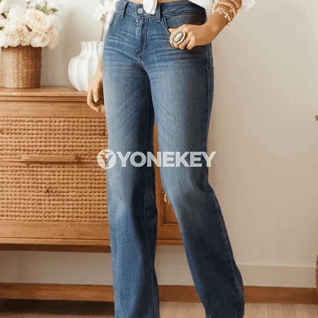 Zenanlar üçin vintage açyk gök slim jeans balaklar, uzyn görnüş, ofis üçin