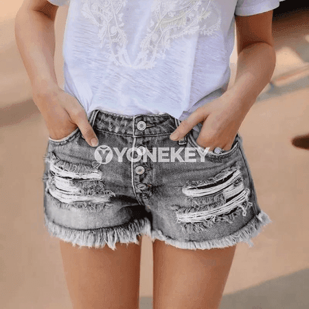 Aýal üçin ýeňil denim şortikler, ýokary däl bel, düwmeli, rahat