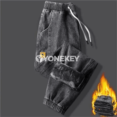 Erkekler üçin ýyly fleece jeans jalbarlar, giň kesimli, gyşlyk