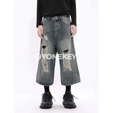 Erkekler üçin giň balakly, ýyrtyk görnüşli denim jinsy balak