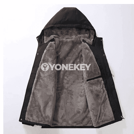 Erkekler üçin ýyly kapýuşonly gyş penjek-palto