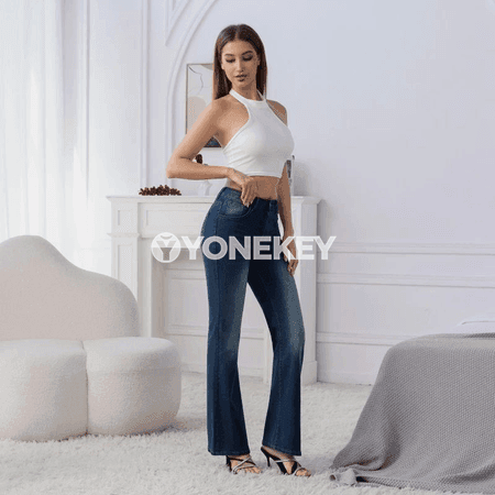 Zenanlar üçin giň balažakly ýokary bil jinsi balaklar, gök denim