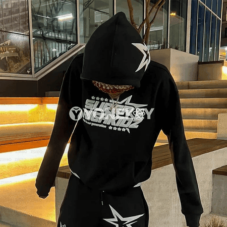 Erkekler üçin kapüşonly sport kostýumy, giň balakly, Y2K stil