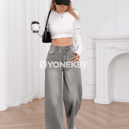 Zenanlar üçin giň kesimli açyk çal jeans, ýokary belli gündelik balak