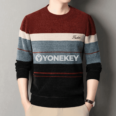 Erkekler üçin zolakly ýyly switer, içi fleesli
