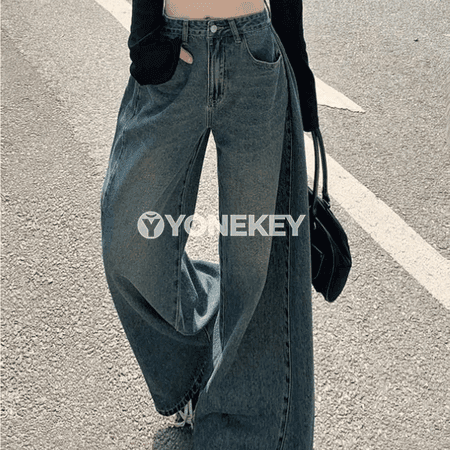 Zenanlar üçin retro giň balakly jeans, ýuwlan görnüşli rahat gündelik model