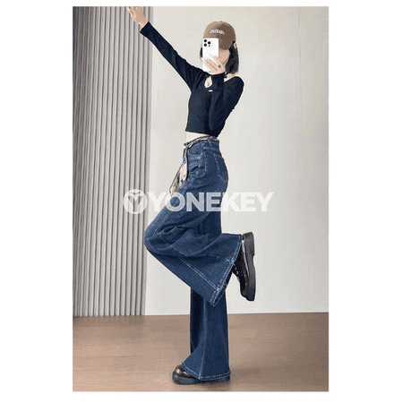 Aýal-gyzlar üçin ýokary belli, giň çykynly moda jeans balak