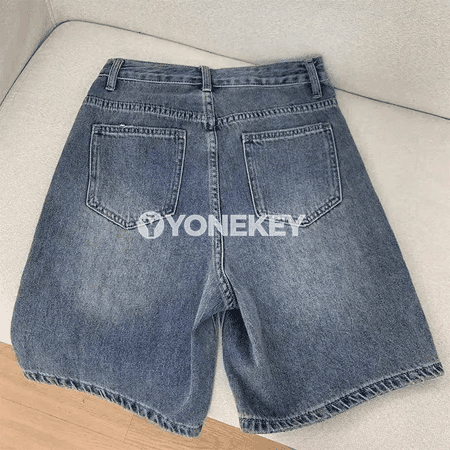 Retro ýokary belli denim şortikler, giň biçim, tomus üçin