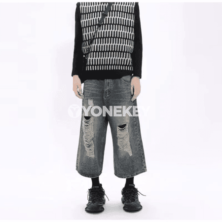 Erkekler üçin giň balakly, ýyrtyk görnüşli denim jinsy balak