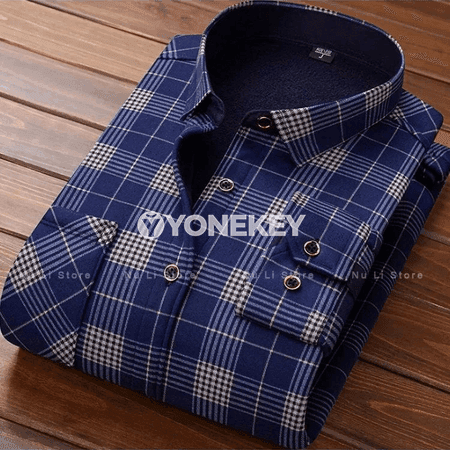 Erkekler üçin ýyly flişli plaid köýnek, uzyn ýeňli