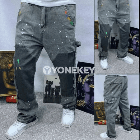 Erkekler üçin vintage giň balaç jyns jalbar, rahat kesimli denim