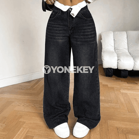 Zenanlar üçin pes belli giň balaq jeans, döwrebap rahat stil