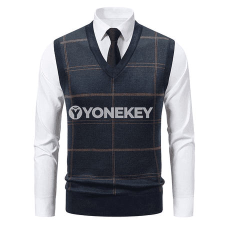 Erkekler üçin plaid V boýun ýeňsiz triko jilet