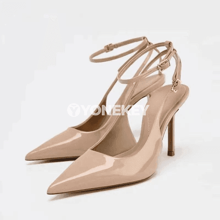 Zenanlar üçin patent deri ýokary ökçeli pointed toe sandal, tomuslyk