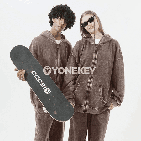 350g retro ziphli hoodi, erkekler üçin giň kesimli, ýyly we rahat