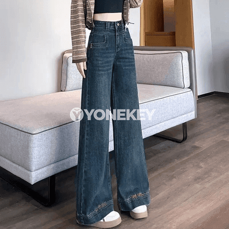 Zenanlar üçin retro bootcut jeans balaklar, ýokary bil, gündelik stil