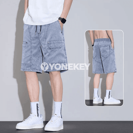 Erkekler üçin ýazlyk jyns şortik, göni kesim, rahat stil