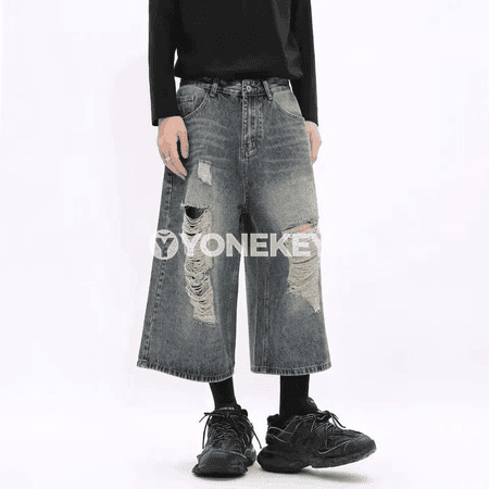 Erkekler üçin giň balakly, ýyrtyk görnüşli denim jinsy balak