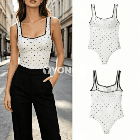 Zenanlar üçin ýazky ýeňsiz polka nokatly bodi, ýönekeý stil