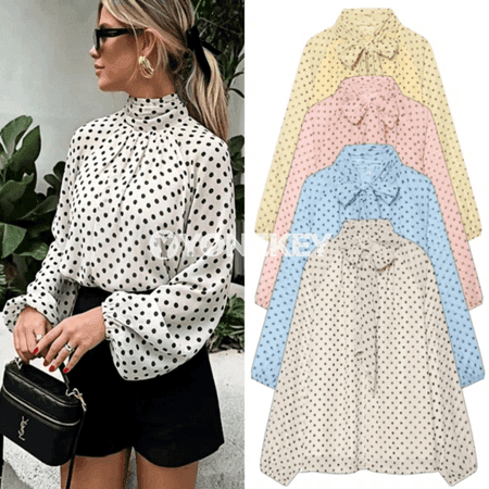 Zenanlar üçin polka nokatly elegan bluzka, ýazky ýeňli stil