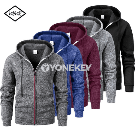 Erkekler üçin kapýuşonly fermuarly jaket, güýz-gyş üçin rahat