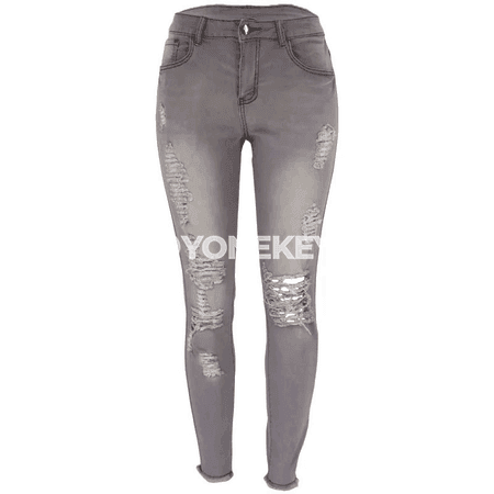 Zenanlar üçin dar kesimli, ýokary elastik, ýyrtyk denim jeans
